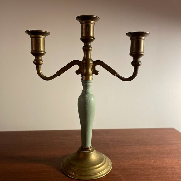 Vintage Brass/Sage Green Wood Candle Holder 🕯️ Bougeoir vintage en laiton Chand - Picture 2 of 5